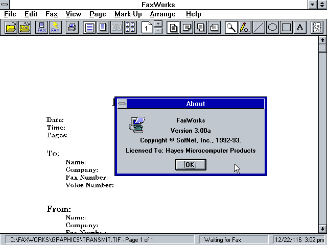 FaxWorks 3.00a - About